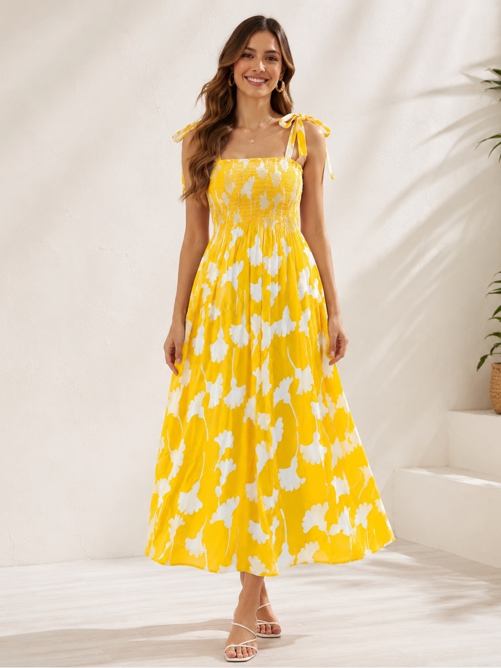 NWT Diane von Furstenberg x Target Yellow Ginkgo Smocked Tie Strap Midi Dress XL - Picture 1 of 6